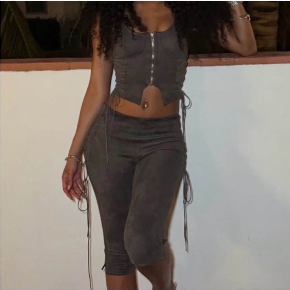 Fashion Nova Dark Gray Suede Lace-Up Crop Top & Capri Set